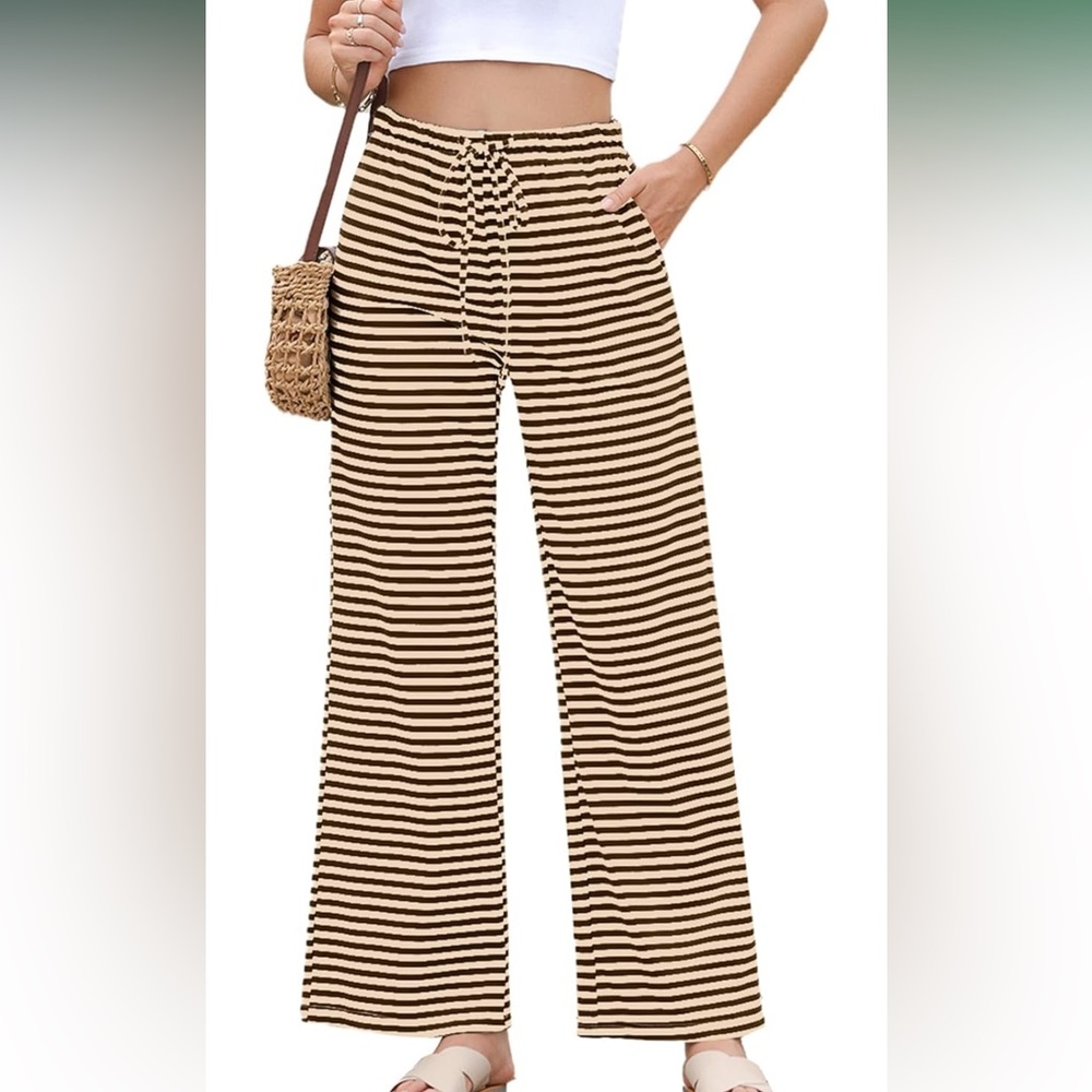 Striped Tan Wide-Leg Pants